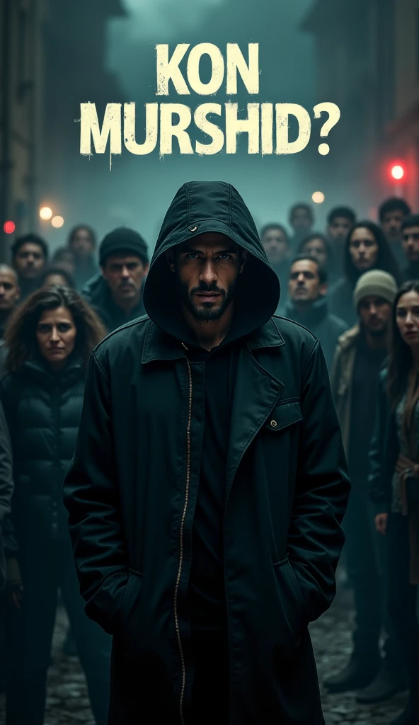 Design an ultra-realistic, 8K quality horror movie poster with a 9:16 aspect ratio. The poster features a handsome 2 man standing in the foreground, wearing a black hoodie, with his face clearly visible and showing a determined expression. Behind him, a group of terrified people is visible, their faces filled with fear and anxiety. The background should evoke a dark and eerie atmosphere, with ominous shadows and haunting details. The movie title "KON MURSHID?" should be prominently displayed on the poster, capturing the intensity and horror of the scene.