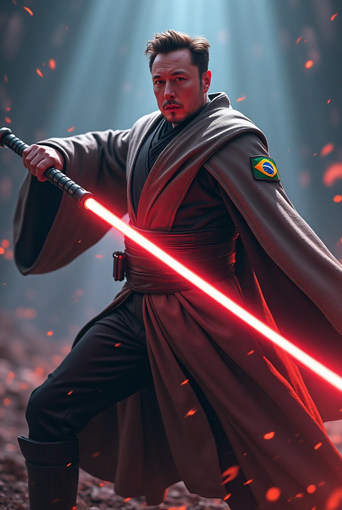 Image of Elon Musk wearing a Star Wars obi outfit with a Brazilian patch knocking Voldemort away