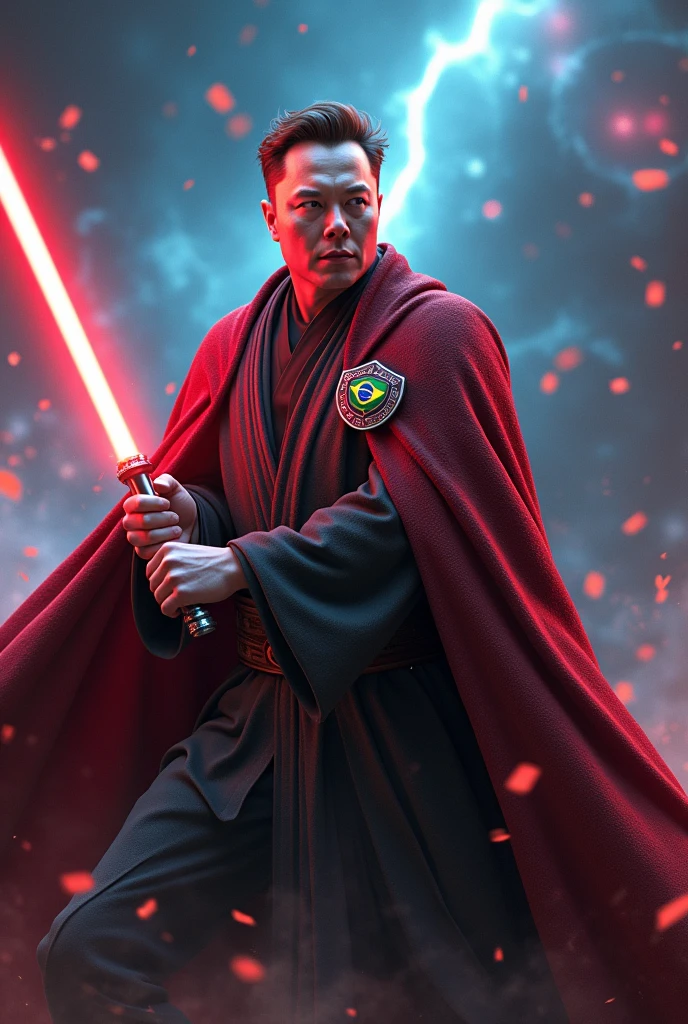 Image of Elon Musk wearing a Star Wars obi outfit with a Brazilian patch knocking Voldemort away