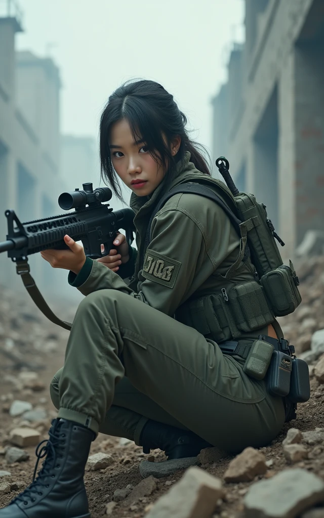 Ultra-high resolution，High-resolution details，Photo-real, Ultra-realistic, (1 Korean female sniper，Super beautiful，Super white skin), (fully armed，Ready to fight:1.5),  (Wearing green turf camouflage clothing), Large breasts, (Tactical Vest, Military wiring harness:1.3), (Military boots:1), Dynamic Angle, Spectacular,，Reality、Realistic skin texture、（Lying on the ground aiming with a sniper）98k、permanent、On the ruins、Smoke of war、Action poses and movements、（full-body shot，panorama distant view，Wide-angle lens）