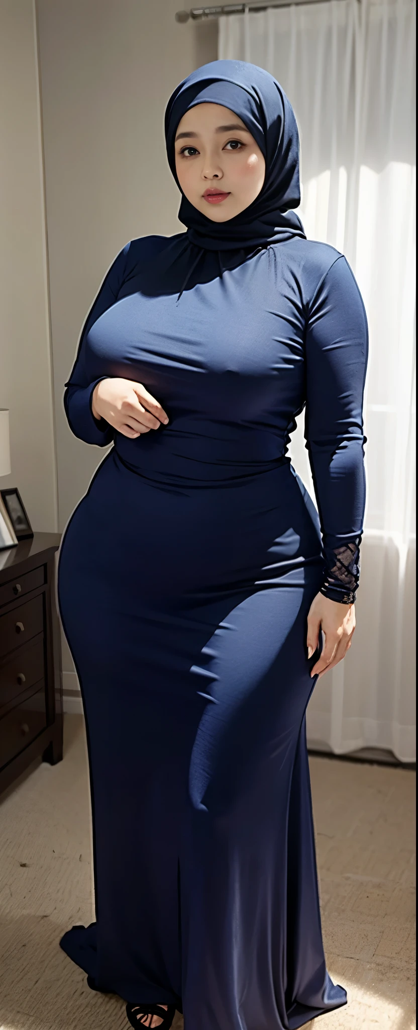 Chubby woman with fat belly and tight thighs, full body, 50-year-old mature woman, thick hips, thick neck, thick chest, big eyes, wearing a longest dress, wearing a hijab, hijabi woman
