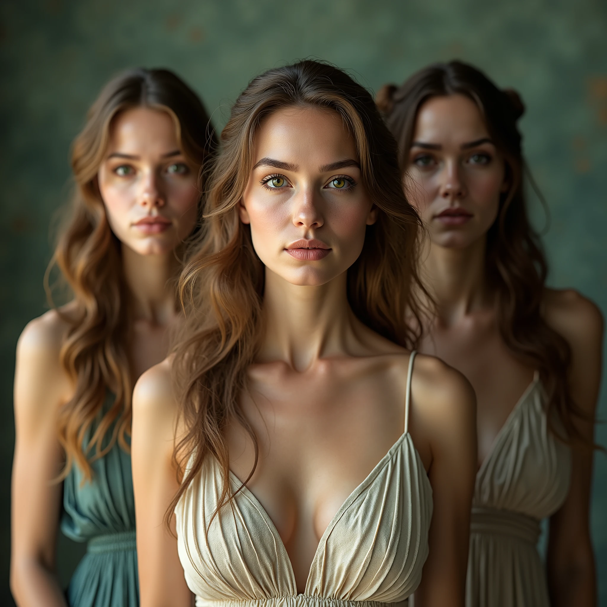 (photorealism:1.2), Realistic color photo of the three fates, Clotho 20 years old  who spins the stamen, Lachesis 40 years old who spins the spindle, Atropos 80 years old who cuts the thread, looking at the camera with proud and haughty look, high detailed skin, skin pores, rim lighting, soft natural lighting, dslr, ultra quality, sharp focus, tack sharp, dof, film grain, 8K UHD