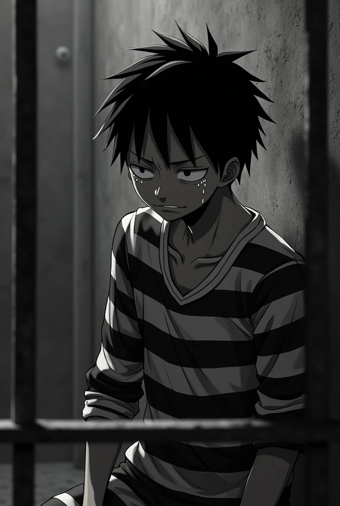Monkey D. Luffy in a black and white striped long sleeve prison uniform with his eyes closed and crying inside a prison