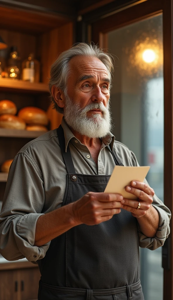 The baker is standing on his doorstep, holding a small note with a look of surprise and joy. His eyes well up slightly as he reads the message, understanding the significance of his simple act.