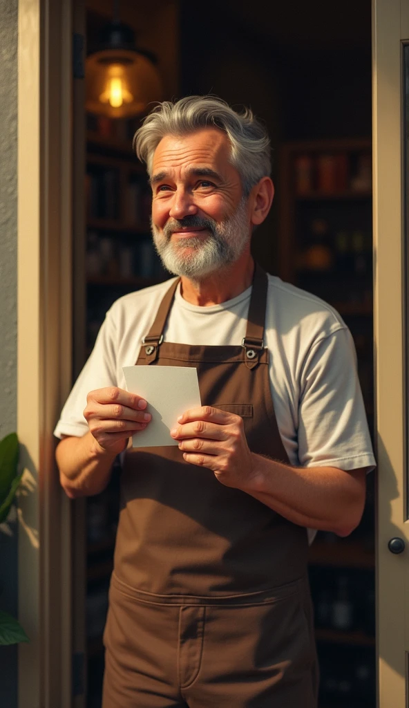 The baker is standing on his doorstep, holding a small note with a look of surprise and joy. His eyes well up slightly as he reads the message, understanding the significance of his simple act.
