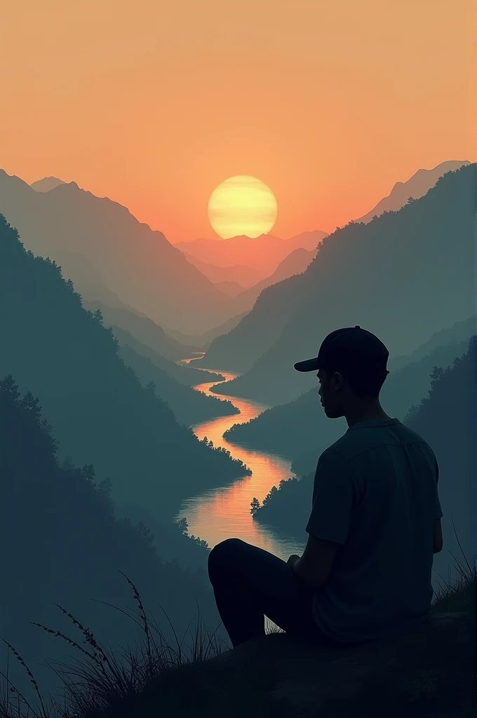 A lonely sad black male adult wearing a baseball cap and sits on the edge of the hill watching the sunset with the mist covering the mountain sides with river flowing at the bottom. With the background text (Mangi IBS)
