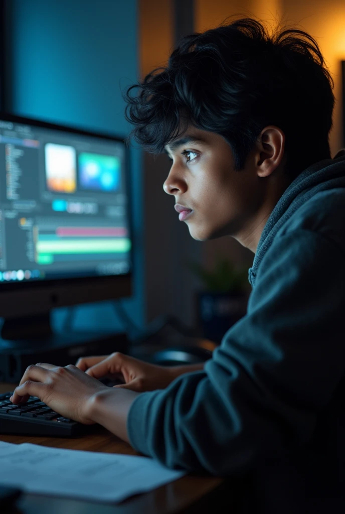 A 16years old boy as a editor so he use alight motion and capcut and node video editor so please give a picture not anime like realindian and blurry photo like snap