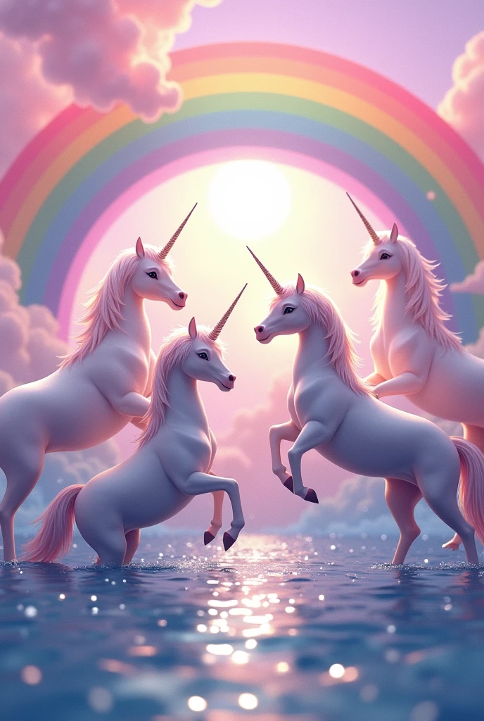 I want some dolphins with lots of rainbows and several unicorns with a pink background. , and more dolphins