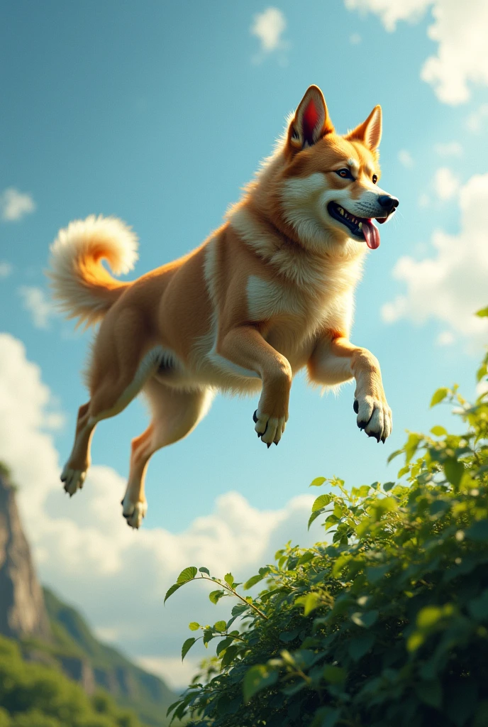 Dog flying in the bush