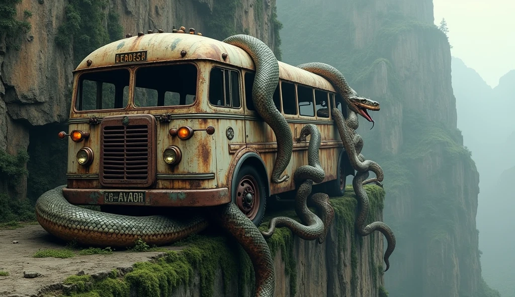 Give me a picture of a rusty old bus wrapped around a giant python against a cliff edge background with a creepy, mossy place comparison[9:16]