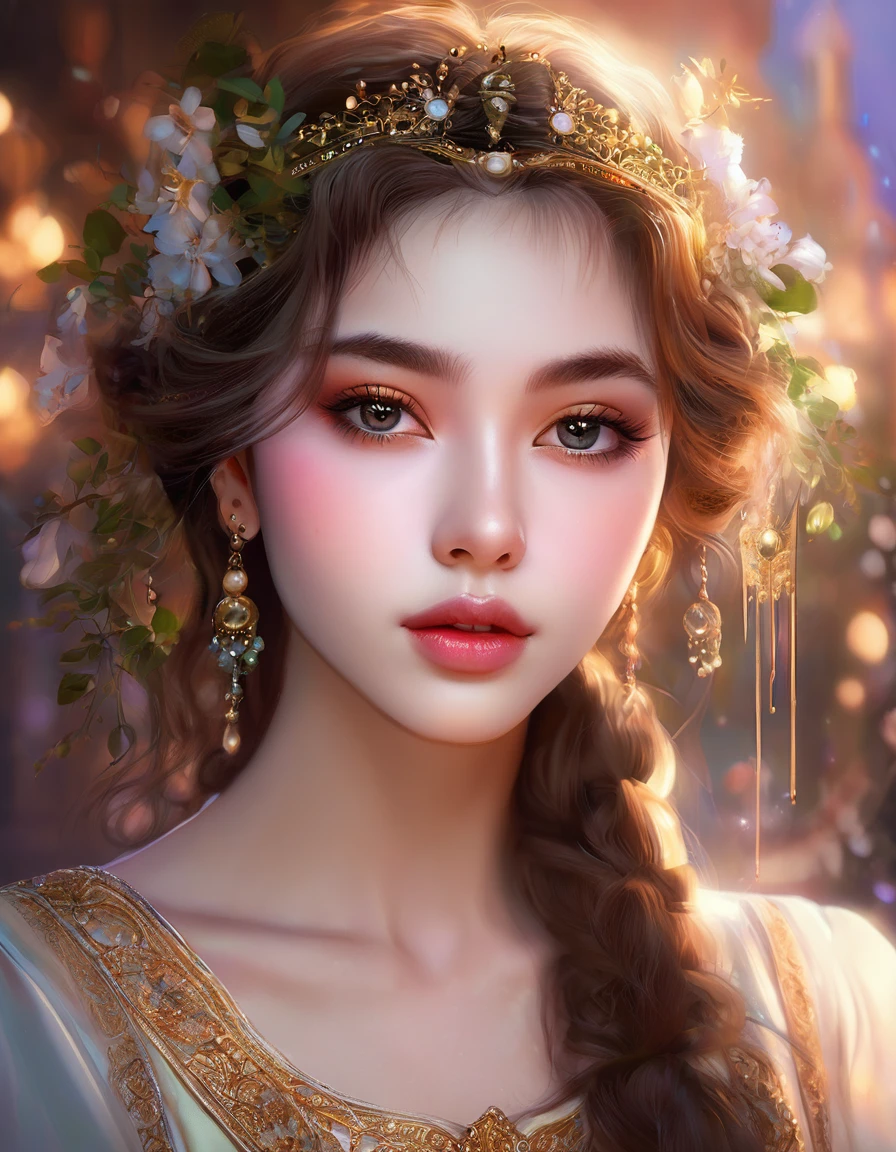 a beautiful girl, extremely detailed face and eyes, long eyelashes, beautiful detailed lips, 1girl, portrait, fantasy, digital painting, ethereal, soft lighting, warm colors, cinematic, highly detailed, intricate, ornate, elegant, delicate, serene, dreamlike, breathtaking, stunning, exquisite, masterpiece