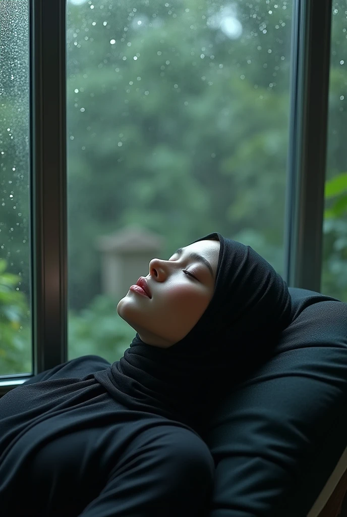 Beautiful woman sleeps, night rain in the glass room, black hijab woman sleeping rain glass window