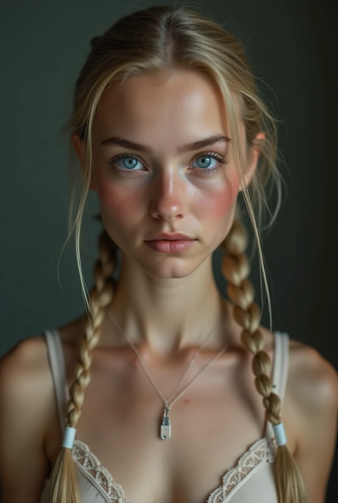 An 2 girl with very thin long blonde braids is doing ballet naked, unclothed,flat chest,small breasts,makeup smeared,makeup run,perfect lips, suspenders, parts,large eyes,blue eyes,perspiration, sweating profusely,Wet,Very detailed, Best Quality, extremely detailed face, perfect lightning, Ballet study background, sexually, Erotic, Single, 4k, masterpiece