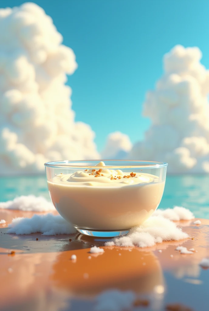 A ranch dip in a glass bowl beside clouds Pixar version