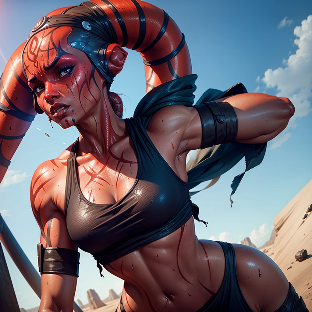 an athletic, sweaty female twi'lek sith lord, sexy, red skin is vomiting after a fight, visible vomit and saliva, bruised, sweaty, darth talon
