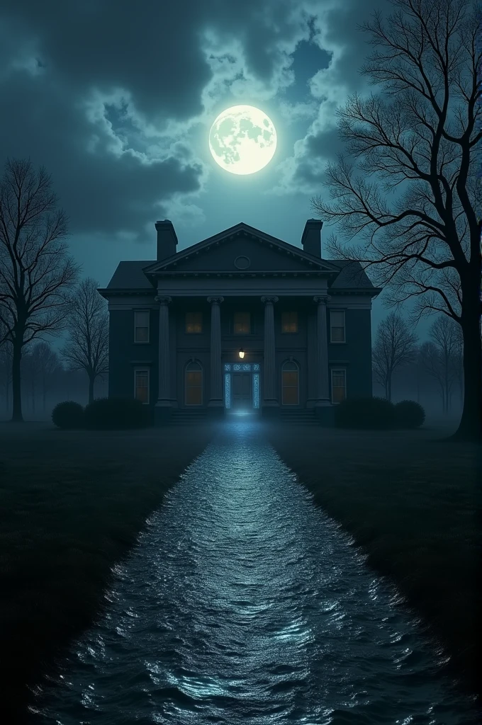 Create an image of a beautiful home, but mysterious water came out of the door, on a scary night 