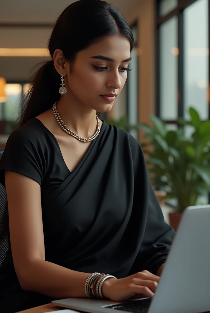  A beautiful Indian  women , age 25 , with regular size , weared  black  saree , bangel in hand , sitting in office on moving chair  with laptop 