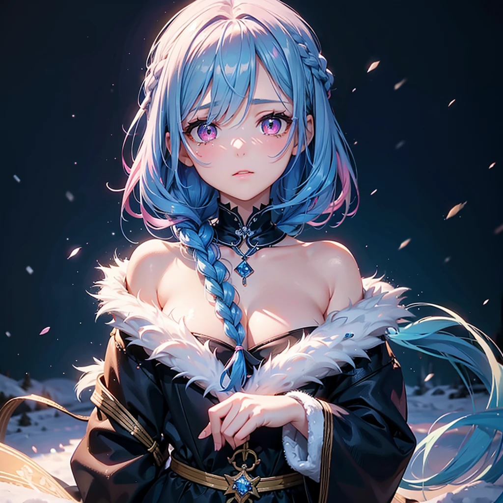 (Tying her sky blue hair into a single braid),(Pink Eyes),Fair skin,whole body,alone,Lonely face,tears,(Snowy Night),A lonely girl who got dumped just before Christmas,(masterpiece, Highest quality, Very detailed), Best Shadow,Detailed Background,Beautifully detailed face,High Contrast,Best lighting, Very delicate and beautiful,Cinematic Light,Hyper Detail,8k,Dramatic Light,Exquisite detail,
