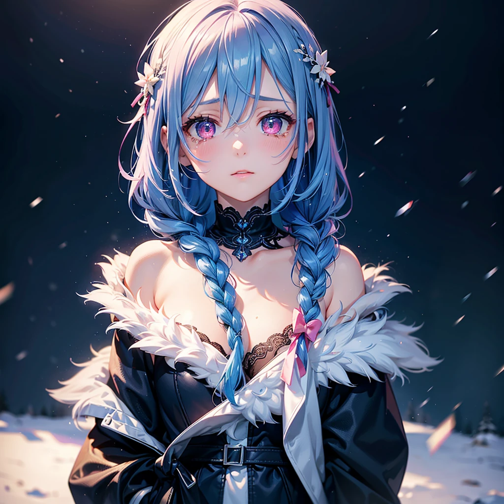 (Tying her sky blue hair into a single braid),(Pink Eyes),Fair skin,whole body,alone,Lonely face,tears,(Snowy Night),A lonely girl who got dumped just before Christmas,(masterpiece, Highest quality, Very detailed), Best Shadow,Detailed Background,Beautifully detailed face,High Contrast,Best lighting, Very delicate and beautiful,Cinematic Light,Hyper Detail,8k,Dramatic Light,Exquisite detail,