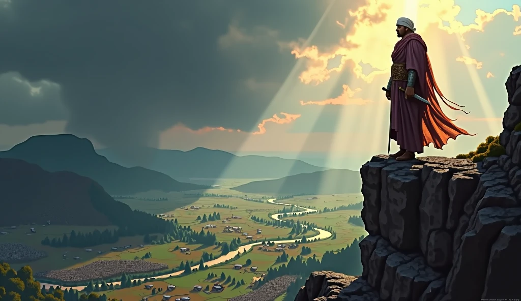 Create a dramatic, highly detailed image of Thariq bin Ziyad standing on a rugged cliff, overlooking a vast, slightly underexposed battlefield. Thariq is depicted as a commanding figure in traditional Islamic warrior attire, wearing a turban, and leather and iron armor. He stands firm and resolute, holding a sword at his side, with the wind rustling his attire. His expression reflects the weight of leadership and the grandeur of his military campaign. The battlefield below is expansive, with scattered troops and banners, diverse landscapes of rolling hills, patches of forest, and a river, all rendered in intricate detail. Above, the sky is filled with heavy, brooding clouds, with occasional rays of sunlight breaking through, casting dramatic beams of light on parts of the battlefield. The color grading is epic, with cool blues and deep grays for the sky and landscape, contrasted by warm, golden highlights on Thariq and key areas of the battlefield. Thariq is the focal point, illuminated to emphasize his role as a leader and strategist