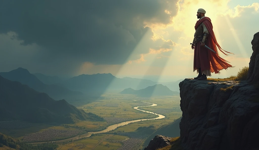 Create a dramatic, highly detailed image of Thariq bin Ziyad standing on a rugged cliff, overlooking a vast, slightly underexposed battlefield. Thariq is depicted as a commanding figure in traditional Islamic warrior attire, wearing a turban, and leather and iron armor. He stands firm and resolute, holding a sword at his side, with the wind rustling his attire. His expression reflects the weight of leadership and the grandeur of his military campaign. The battlefield below is expansive, with scattered troops and banners, diverse landscapes of rolling hills, patches of forest, and a river, all rendered in intricate detail. Above, the sky is filled with heavy, brooding clouds, with occasional rays of sunlight breaking through, casting dramatic beams of light on parts of the battlefield. The color grading is epic, with cool blues and deep grays for the sky and landscape, contrasted by warm, golden highlights on Thariq and key areas of the battlefield. Thariq is the focal point, illuminated to emphasize his role as a leader and strategist