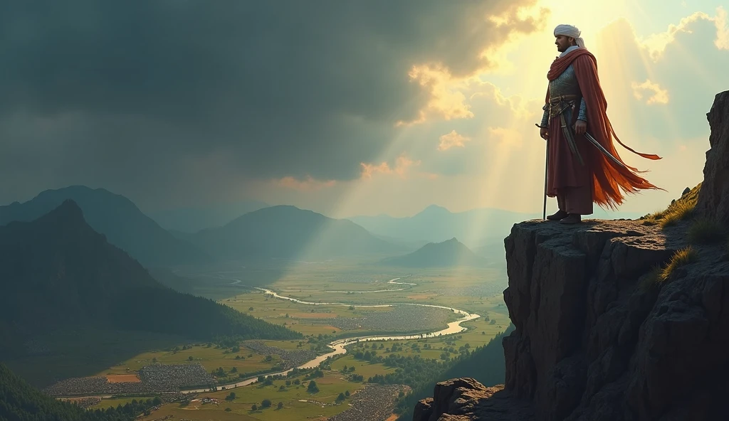 Create a dramatic, highly detailed image of Thariq bin Ziyad standing on a rugged cliff, overlooking a vast, slightly underexposed battlefield. Thariq is depicted as a commanding figure in traditional Islamic warrior attire, wearing a turban, and leather and iron armor. He stands firm and resolute, holding a sword at his side, with the wind rustling his attire. His expression reflects the weight of leadership and the grandeur of his military campaign. The battlefield below is expansive, with scattered troops and banners, diverse landscapes of rolling hills, patches of forest, and a river, all rendered in intricate detail. Above, the sky is filled with heavy, brooding clouds, with occasional rays of sunlight breaking through, casting dramatic beams of light on parts of the battlefield. The color grading is epic, with cool blues and deep grays for the sky and landscape, contrasted by warm, golden highlights on Thariq and key areas of the battlefield. Thariq is the focal point, illuminated to emphasize his role as a leader and strategist