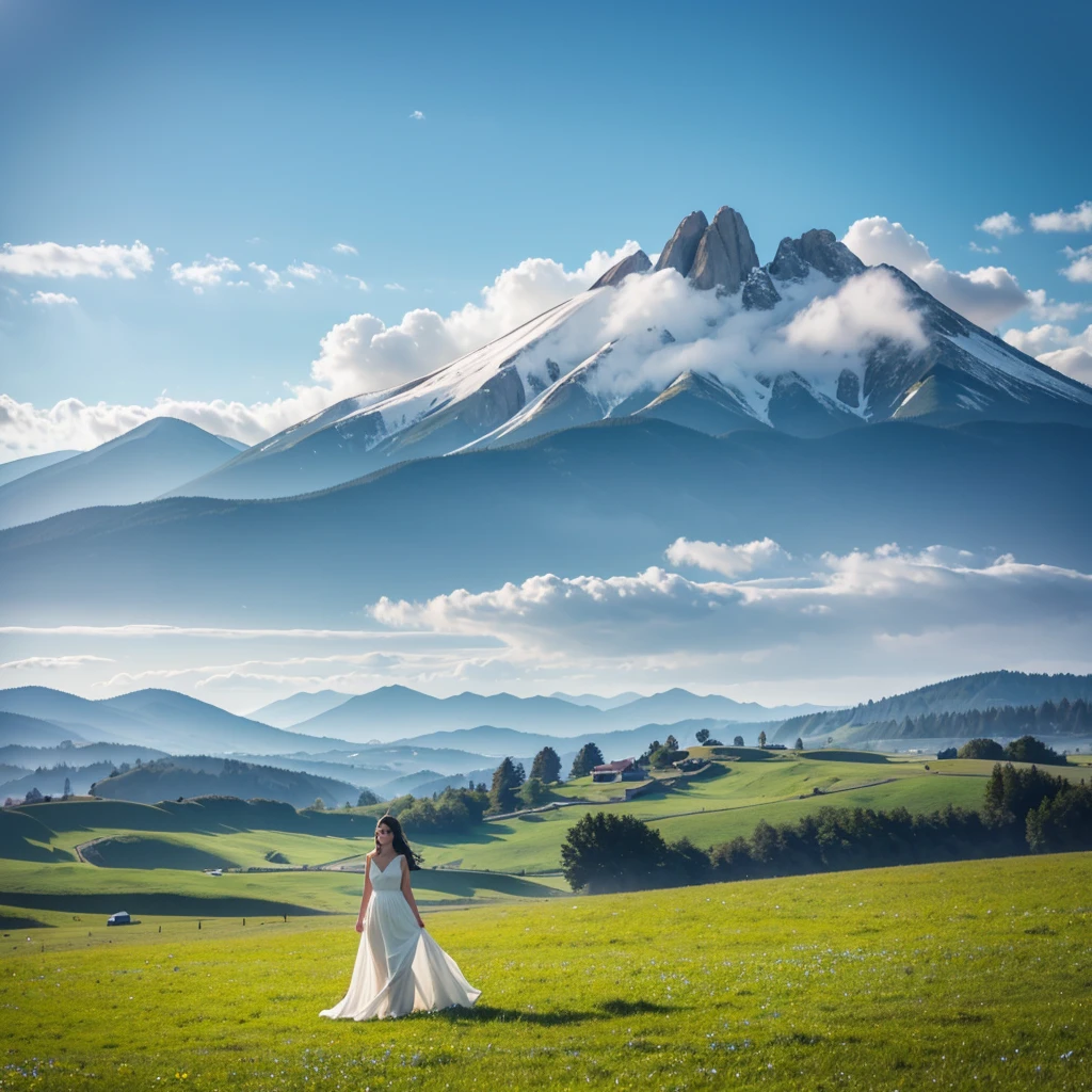 girl standing on the meadow、girl in a white dress、sky high and blue、sunny、I can see mountains in the distance、far away、stare into the distance、Standing in the distance、wide grassland,High Resolution, Masterpiece, Best Quality, Detail, High Details, Quality, Super Detailed, Textured Skin, High Quality, Smile, Facial Hair, Happy,