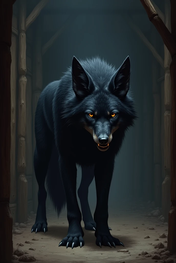 Create an image of a female werewolf. I have black fur, a fox-like head, orange-yellow eyes, a thin body, and a black ray emitting from the middle of my back. I am in a dark stable.