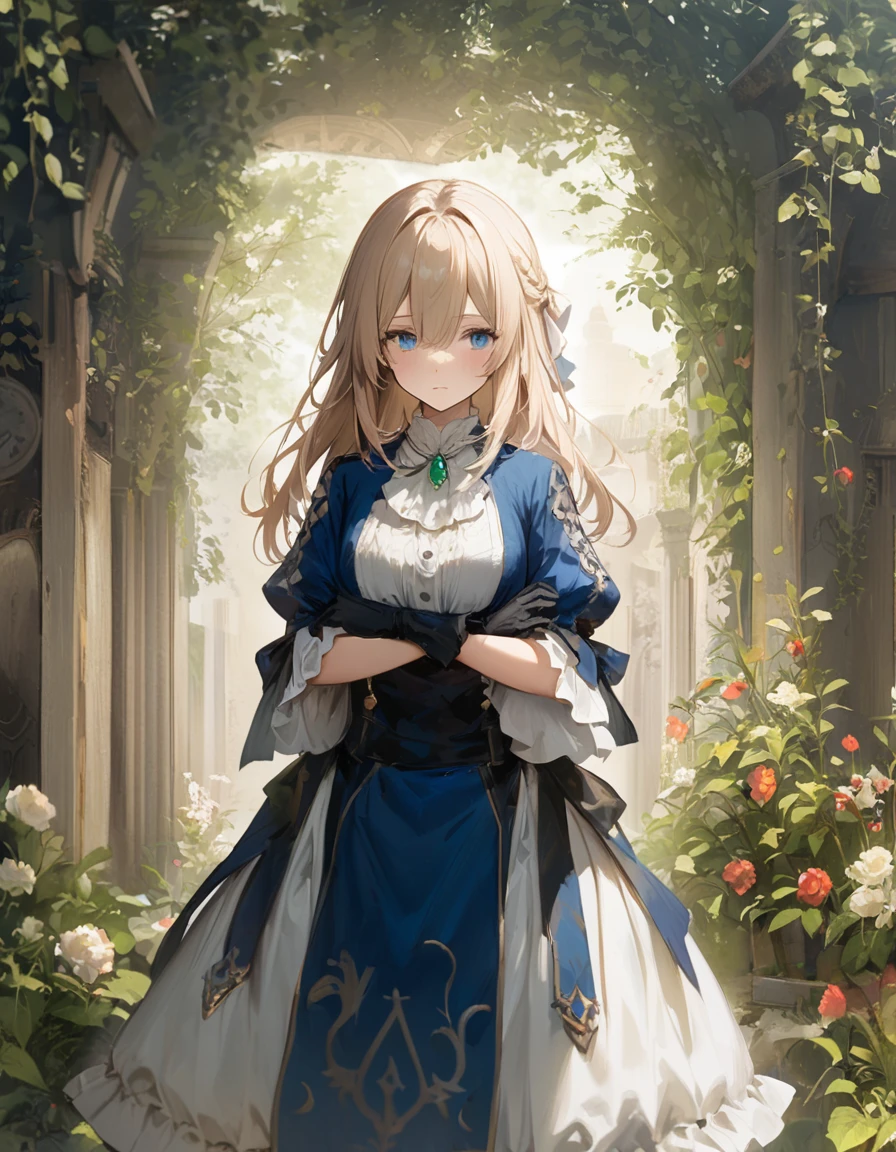 France in the 1890s。The main character of Violet Evergarden has blonde shoulder-length hair with a red ribbon.。She is wearing a classical aristocratic outfit based on ultramarine blue, with a white ribbon on her chest and an emerald necklace in the center.。On both arms, he wears long black leather gloves that reach up to his elbows.。She has very beautiful blue eyes。In the background you can see a slightly blurred French garden.。She always looks sad and lonely。Beautiful and realistic photos.。Walking far away。She is wearing a white flared skirt.。It's like a painting.。Vivid depiction。animation。