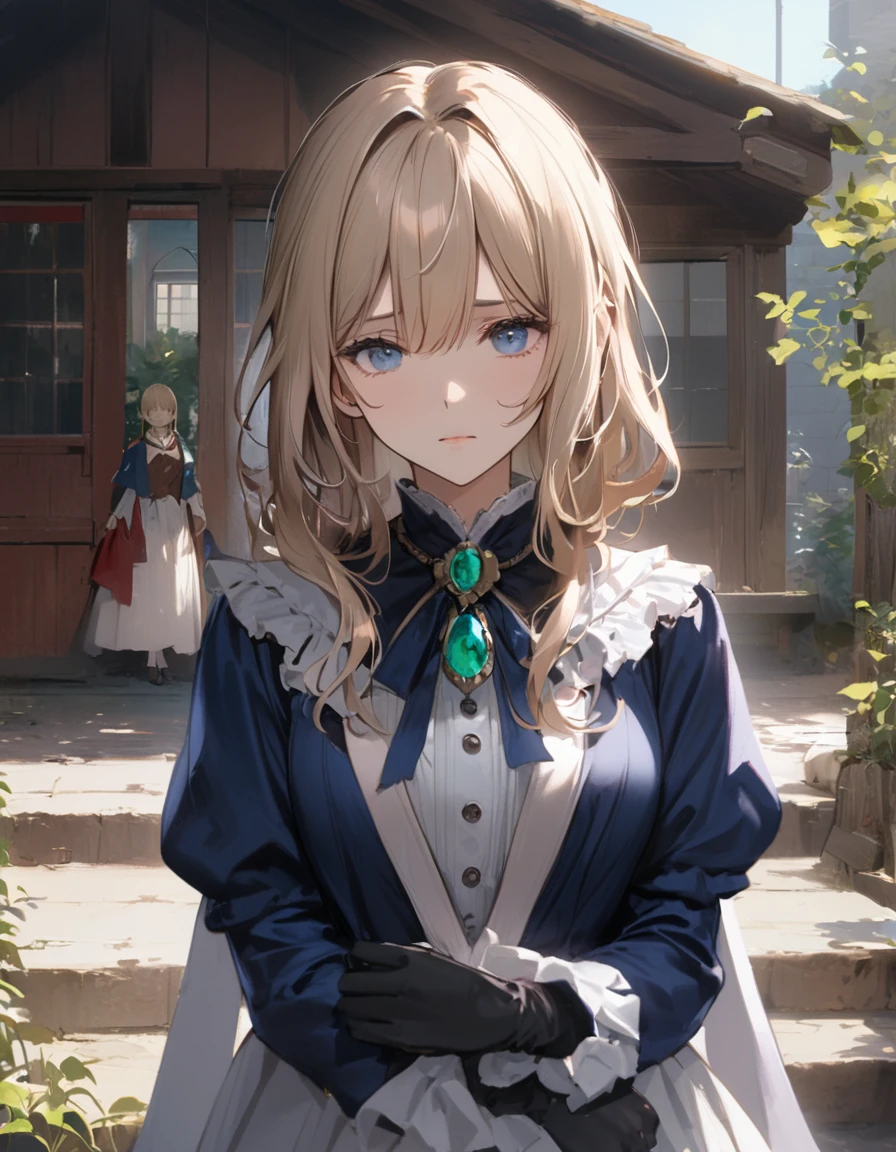 France in the 1890s。The main character of Violet Evergarden has blonde shoulder-length hair with a red ribbon.。She is wearing a classical aristocratic outfit based on ultramarine blue, with a white ribbon on her chest and an emerald necklace in the center.。On both arms, he wears long black leather gloves that reach up to his elbows.。She has very beautiful blue eyes。In the background you can see a slightly blurred French garden.。She always looks sad and lonely。Beautiful and realistic photos.。Walking far away。She is wearing a white flared skirt.。It's like a painting.。Vivid depiction。animation。