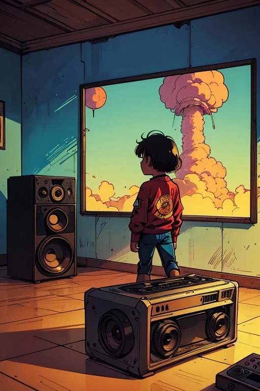 One child says: when I was a kid it was the end of the world,  a painting in the background Nuclear explosion. the 80s number silk-screen print on the wall. . cold war atmosphere. On the floor a dirty old   little boombox player. 80s  comics book ambiance; Enki Bilal, Moebius, Jodorowsky