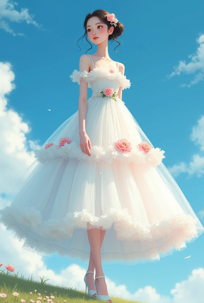 Fashion Designillustration,The painting shows a girl in a dress,Fluffy tulle skirt,White Tulle Skirt - Fluffy - Multi-layered,Dress inspired by flowers - flower shape, Popular trends on artstration, A beautiful art illustration, Beautiful digital illustrations, Color illustration, author:Golden Farmer, Detailed fashion illustration, Porcelain skin. Studio Ghibli, illustration, Mei Qing, Colorfull illustration, Fantasy illustrations, author:unbelievable,Blue Background,White Cloud