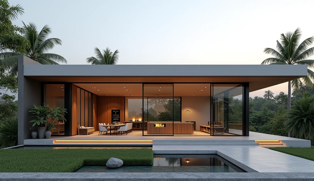 Exterior design, residence with gourmet space in northeastern Brazil , with glass frames ,simple, modernist lines and ultra-realistic minimalist , 4K , ultra realistic render 16:9