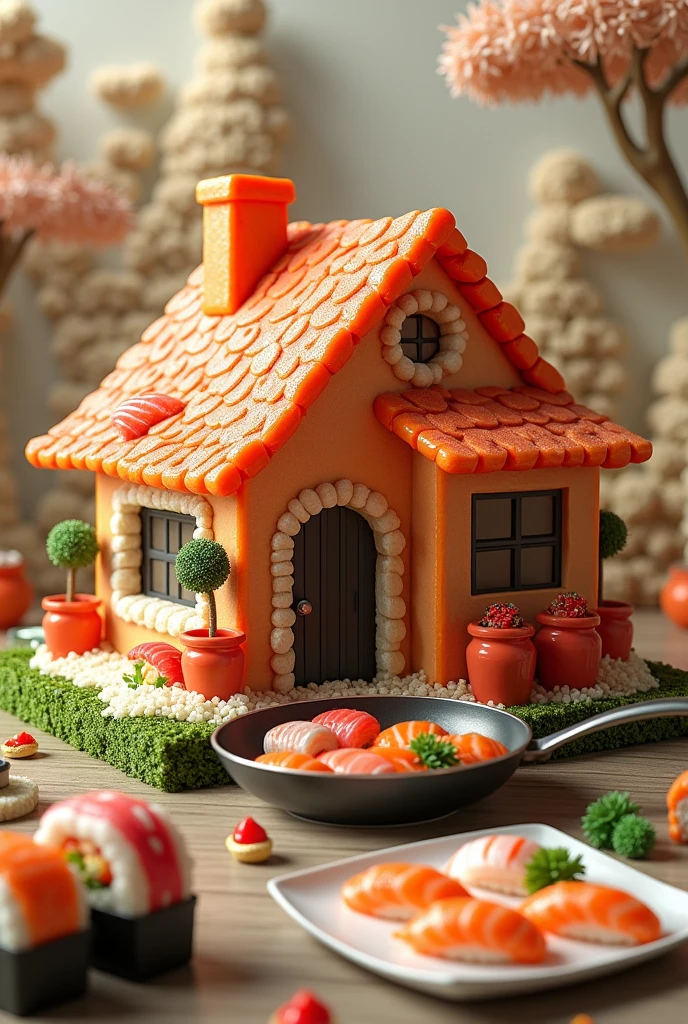 ((masterpiece, 8k, best quality, 8k, super realistic, high resolution:1.3)), house made of sushi, sushi world, Sashimi in a frying pan, wall made of cooked rice, paper holder of some sushi.