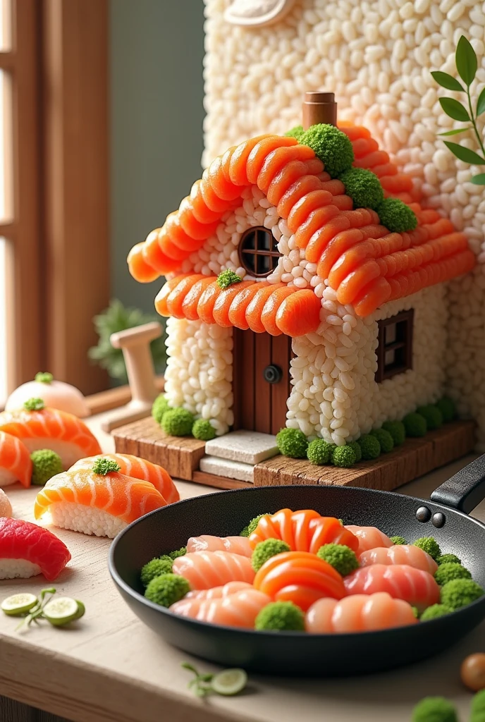 ((masterpiece, 8k, best quality, 8k, super realistic, high resolution:1.3)), house made of sushi, sushi world, Sashimi in a frying pan, wall made of cooked rice, paper holder of some sushi.