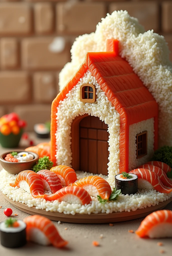 ((masterpiece, 8k, best quality, 8k, super realistic, high resolution:1.3)), house made of sushi, sushi world, Sashimi in a frying pan, wall made of cooked rice, paper holder of some sushi.
