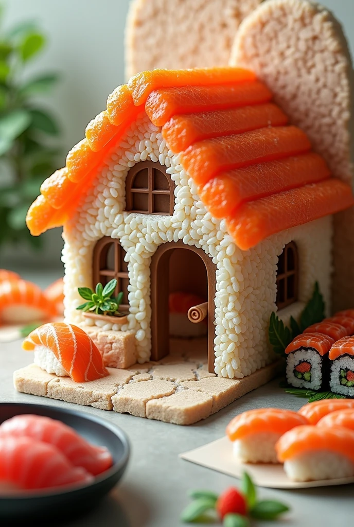((masterpiece, 8k, best quality, 8k, super realistic, high resolution:1.3)), house made of sushi, sushi world, Sashimi in a frying pan, wall made of cooked rice, paper holder of some sushi.