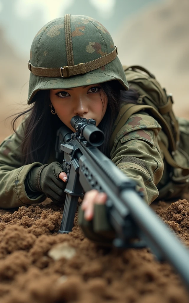 Ultra-high resolution,High-resolution details,Photo-real, Ultra-realistic, (1 Korean female sniper,Super beautiful,Super white skin), (fully armed,Ready to fight:1.5), (Wearing Army paratrooper camouflage uniform,Wearing a military helmet:1.5), Large breasts, (Tactical Vest, Military wiring harness:1.3), (Military boots:1), Dynamic Angle, Spectacular,,Reality、Realistic skin texture、(Lying on the ground aiming with a sniper)98k、permanent、On the ruins、Brown dust、Action poses and movements、Front top image