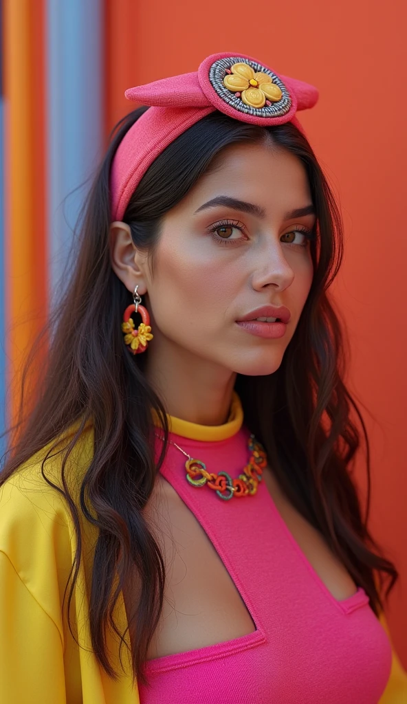 80s style woman with a fabric headband with a plastic accessory ring located in the middle, with earrings and hoop necklace of the same plastic material. The woman&#39;s hair is loose and brushed with a flat iron..