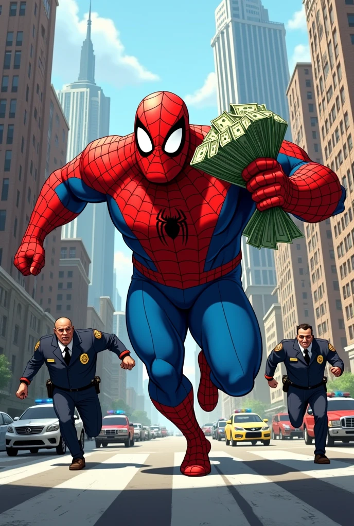 The image you've uploaded shows a humorous and exaggerated scene where a plus-sized Spider-Man is running down a city street with a large amount of cash, pursued by three police officers who are in a panic. The image has a comical and cartoonish tone, with the exaggerated proportions of Spider-Man adding to the humor.