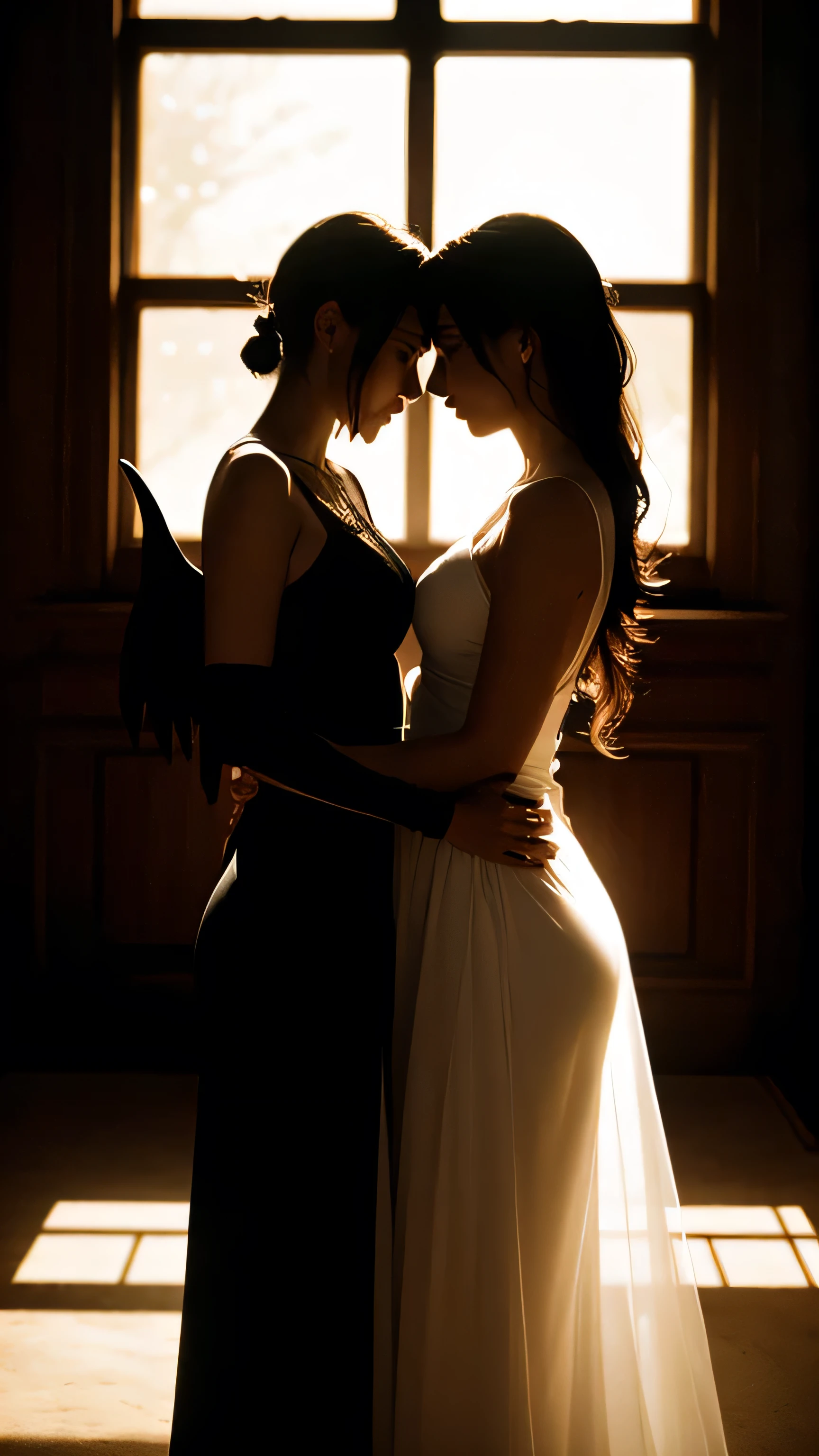 Two women, leaning against each other, On the left, the shadow forms the silhouette of the devil and on the right, an angel., in a half-lit room