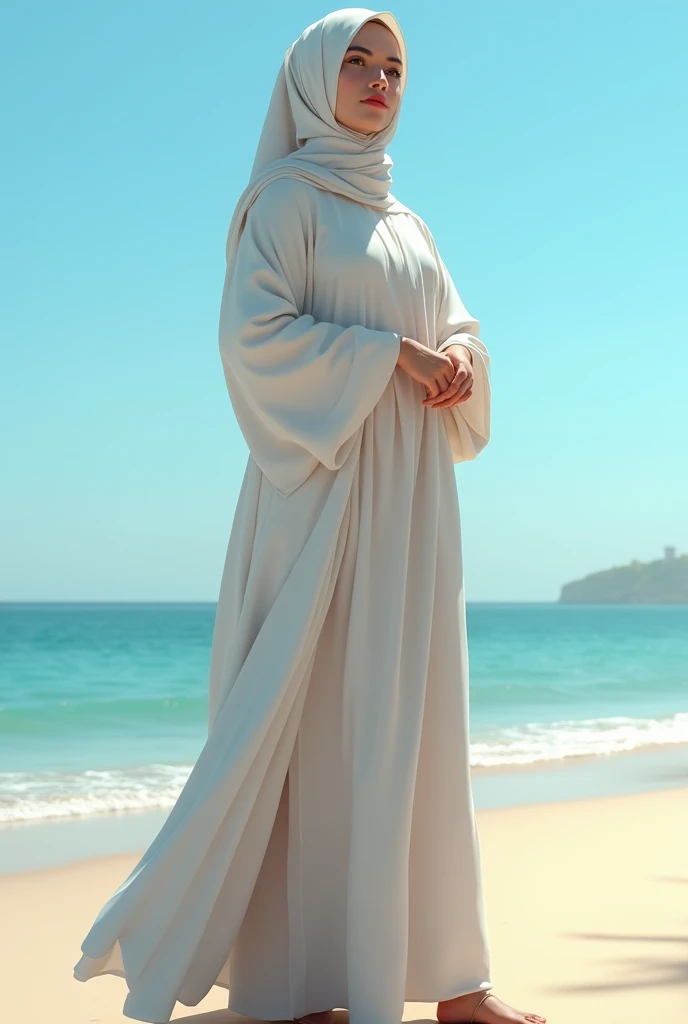 1girl, Solo, High Resolution, Masterpiece, Textured Skin, young women, 20 years old, hijab, gamis, Her whole body was covered by a robe. She is tanding on the beach, The sky is blue and the overall atmosphere of the image is peaceful and serene.High Details, Best Quality,