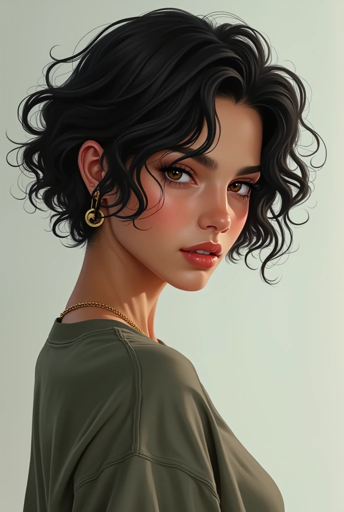 Tall Latina female teenager with short curly black hair and hazel eyes and androgynous