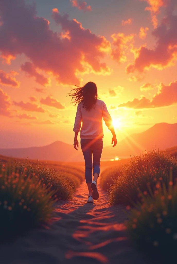 "Create an image that embodies the theme of 'awakening potential.' Picture a sunrise over a horizon where a person, full of determination, is stepping towards a bright and dynamic future, with vibrant colors symbolizing hope and new beginnings."
