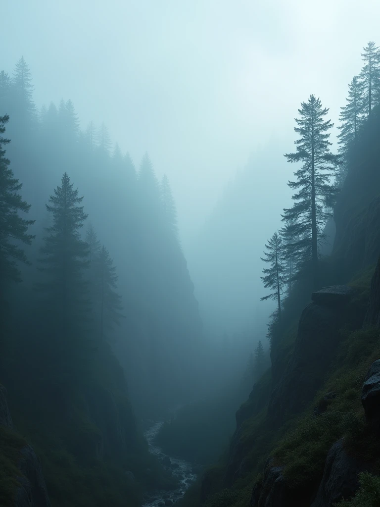 An enigmatic, fog-laden forest slope at dawn, where the dense fog weaves through the towering trees, creating a hauntingly beautiful scene. The early light filters through the mist, casting a soft, diffused glow over the rugged terrain. The image, shot with a hazel mirrorless camera and telephoto lens, features deep focus to capture the delicate textures of the fog and forest, enhancing the dramatic and mysterious mood of the landscape