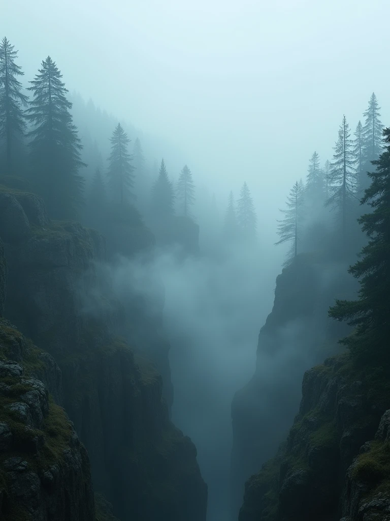 An enigmatic, fog-laden forest slope at dawn, where the dense fog weaves through the towering trees, creating a hauntingly beautiful scene. The early light filters through the mist, casting a soft, diffused glow over the rugged terrain. The image, shot with a hazel mirrorless camera and telephoto lens, features deep focus to capture the delicate textures of the fog and forest, enhancing the dramatic and mysterious mood of the landscape