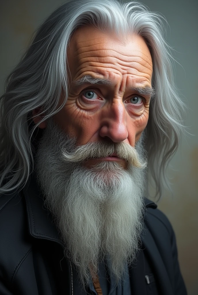 Realistic white man long gray hair with gray eyes 