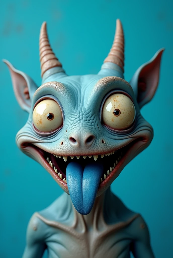 create "just the face" of a hornless monster amused with the "lingua Azul" from outside on a blue background