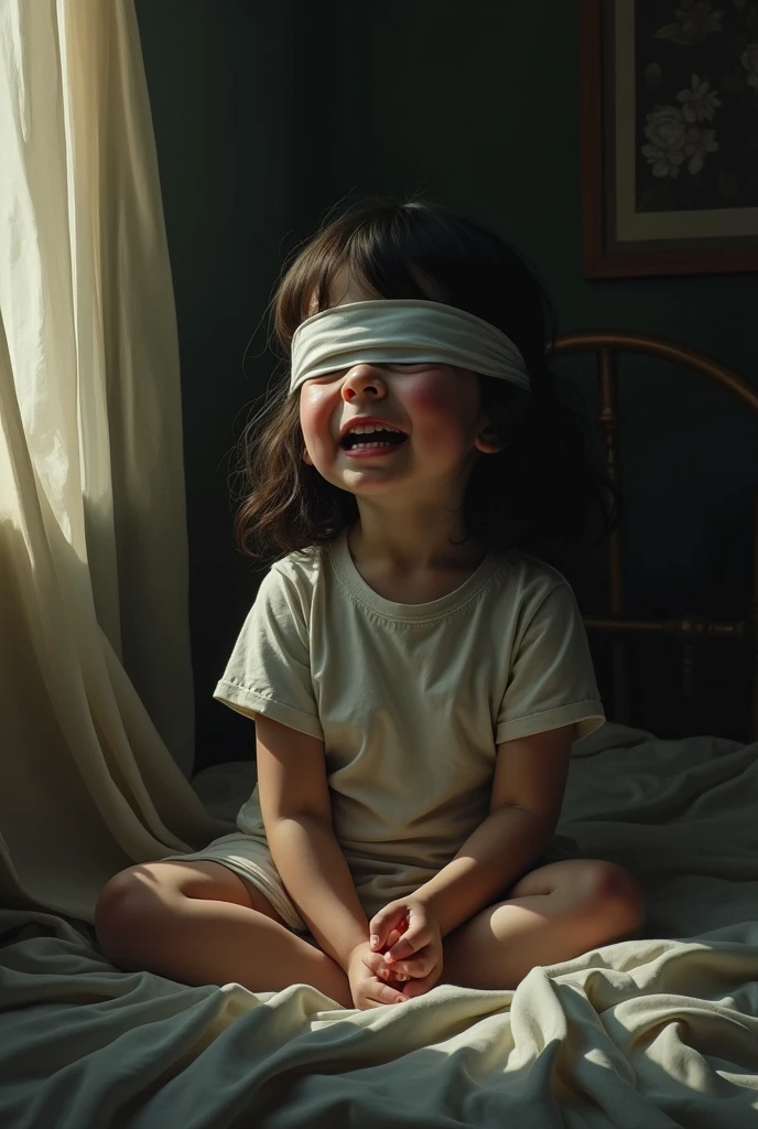 UNE PETIT FILLE AVEC LEA YEUX BANDER QUI PLEUR DAN SA MAISON 