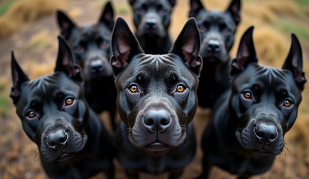 a group of 8 stafford staffbull black, sklopene usi dolu, are looking at us, photographed with a 12mm wide-angle lens, fisheye style, pohled zeshora vysoké detaily srsti, very sharp, 8k